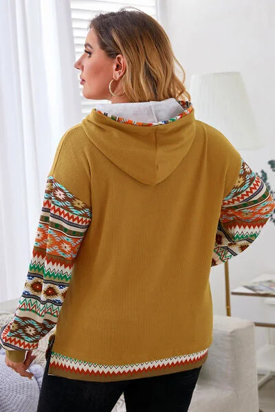 plus-size-waffle-knit-geometric-dropped-shoulder-hoodie