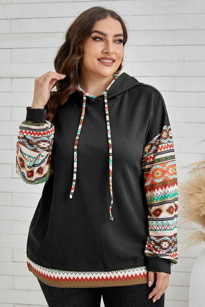 plus-size-waffle-knit-geometric-dropped-shoulder-hoodie