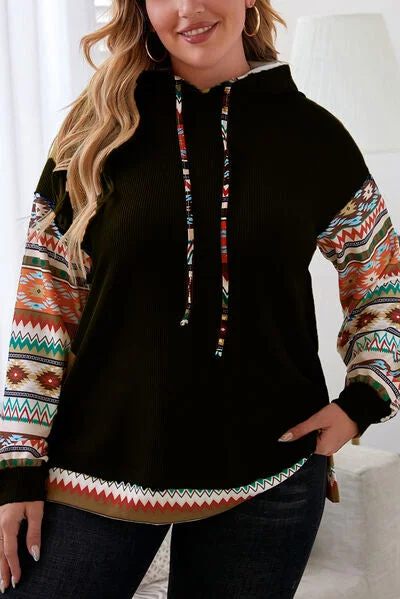 plus-size-waffle-knit-geometric-dropped-shoulder-hoodie