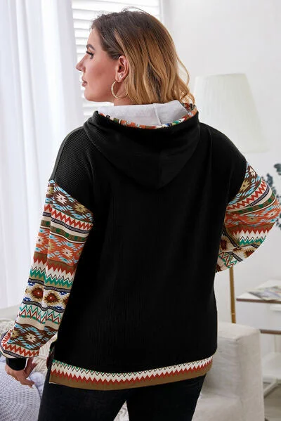 plus-size-waffle-knit-geometric-dropped-shoulder-hoodie