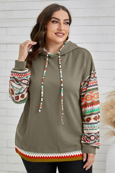 plus-size-waffle-knit-geometric-dropped-shoulder-hoodie