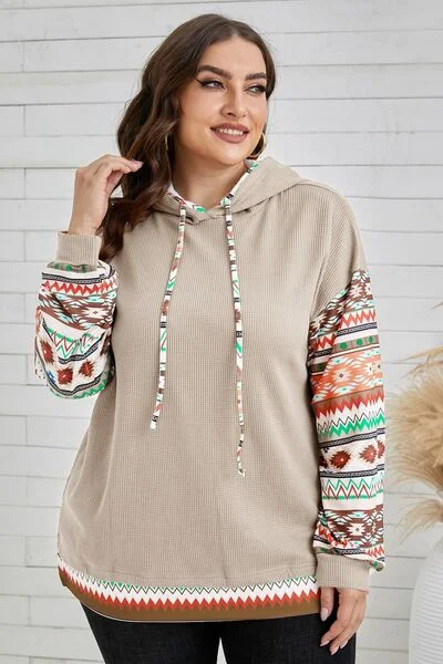 plus-size-waffle-knit-geometric-dropped-shoulder-hoodie