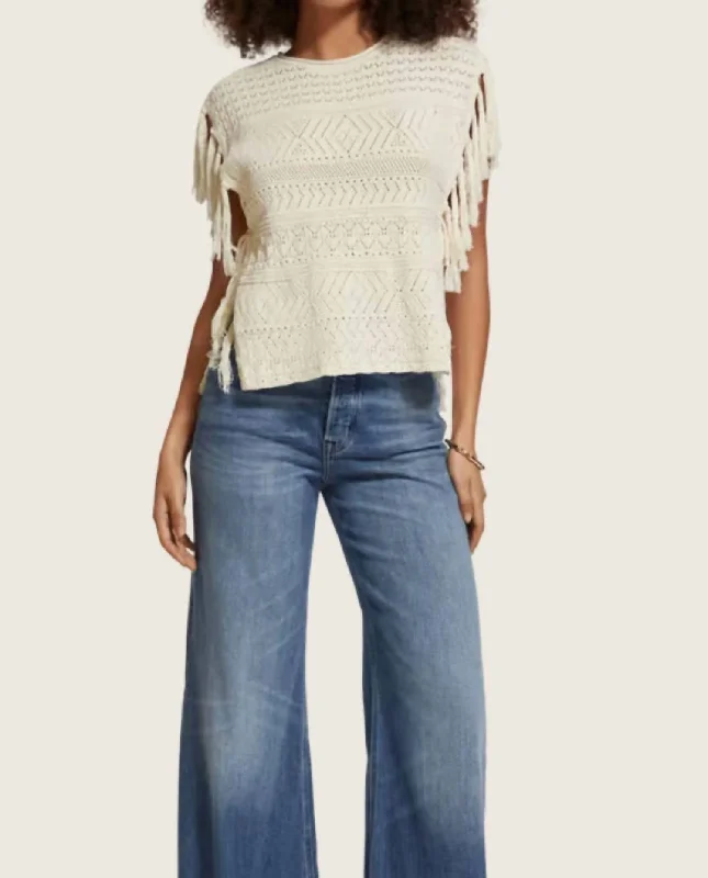 Pointelle Knitted Fringe Tank Top In Soft Ice