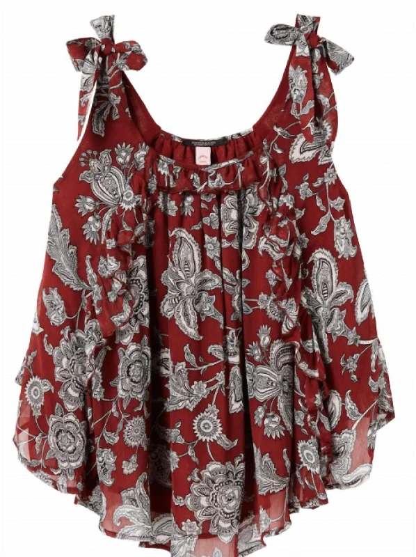 Printed Ruffle Tank In Burgundy Combo