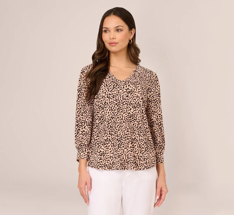 Printed V Neck Top With Cuffed Three Quarter Sleeves In Tan Shadow Leopard