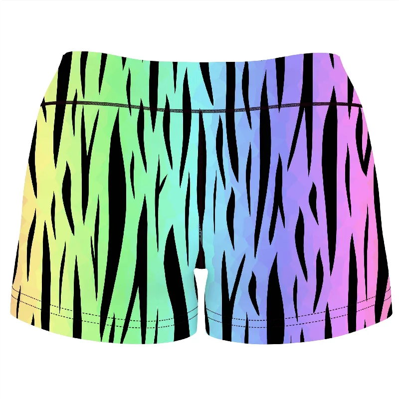 rainbow-tiger-stripes-high-waisted-womens-shorts