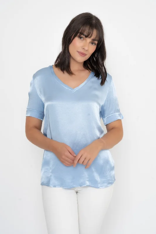 Satin Short Sleeve Top in Light Blue