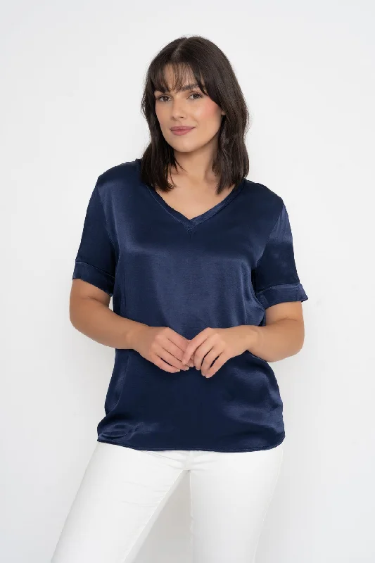 Satin Short Sleeve Top in Navy