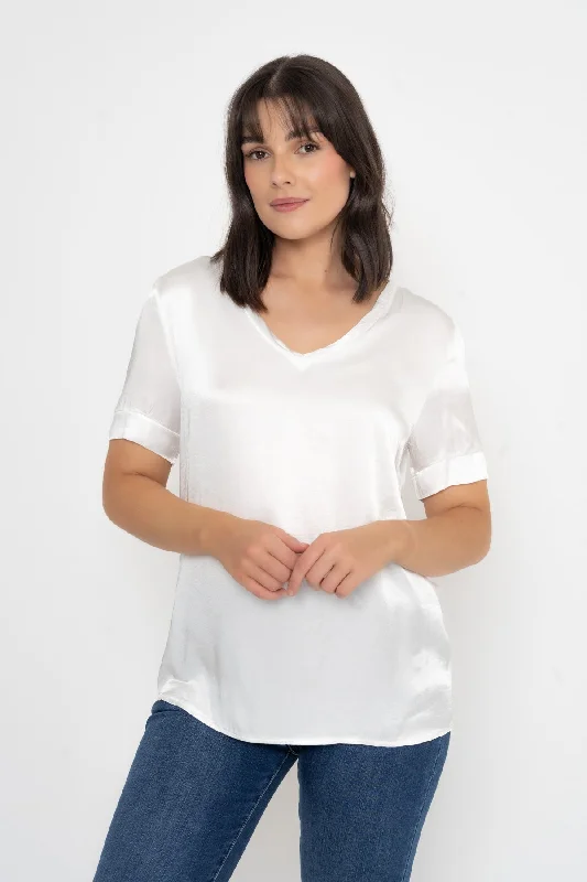 Satin Short Sleeve Top in White