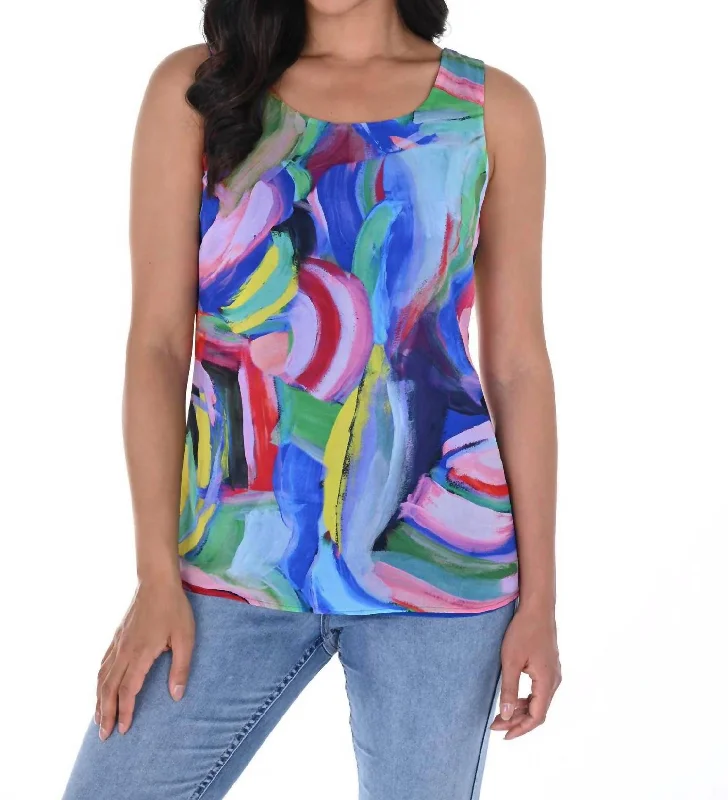 Scoop Neck Tank Top In Royal Multi Print