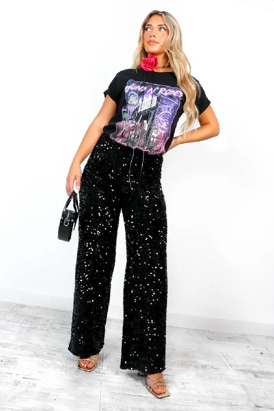 Shine All Night - Black Sequin Wide Leg Trousers