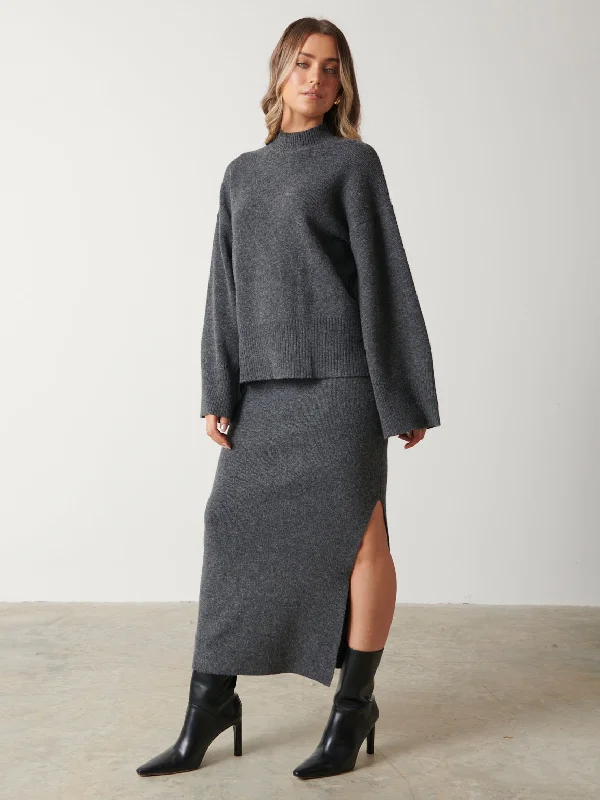 Sloane Knit Slit Midaxi Skirt - Charcoal Grey