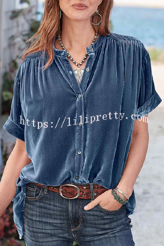 Lilipretty Velvet Solid Short Sleeve Round Neck Single Breasted Shirt