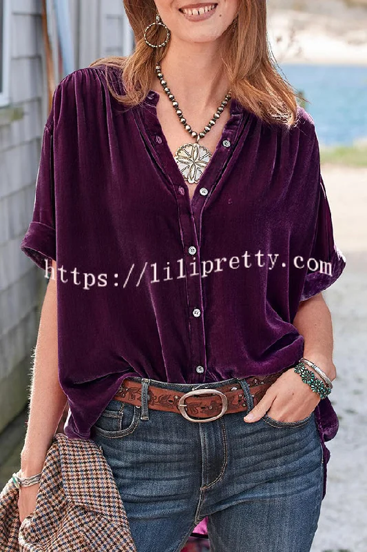 velvet-solid-short-sleeve-round-neck-single-breasted-shirt