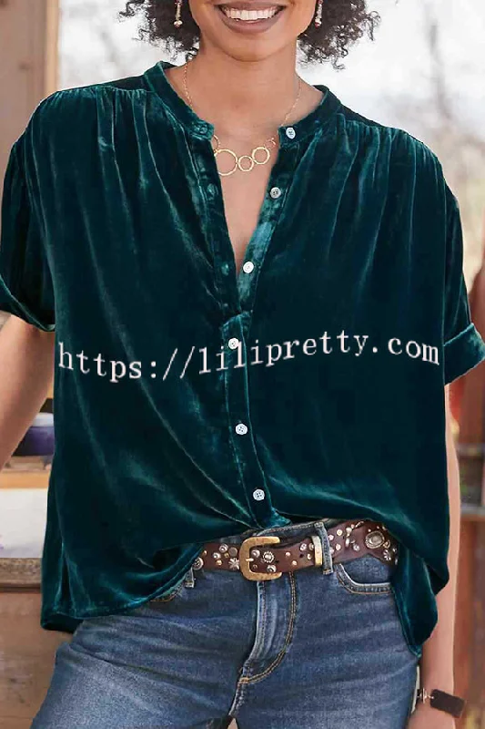 velvet-solid-short-sleeve-round-neck-single-breasted-shirt