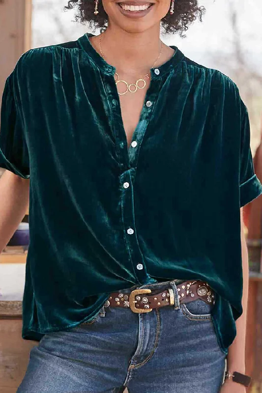 velvet-solid-short-sleeve-round-neck-single-breasted-shirt