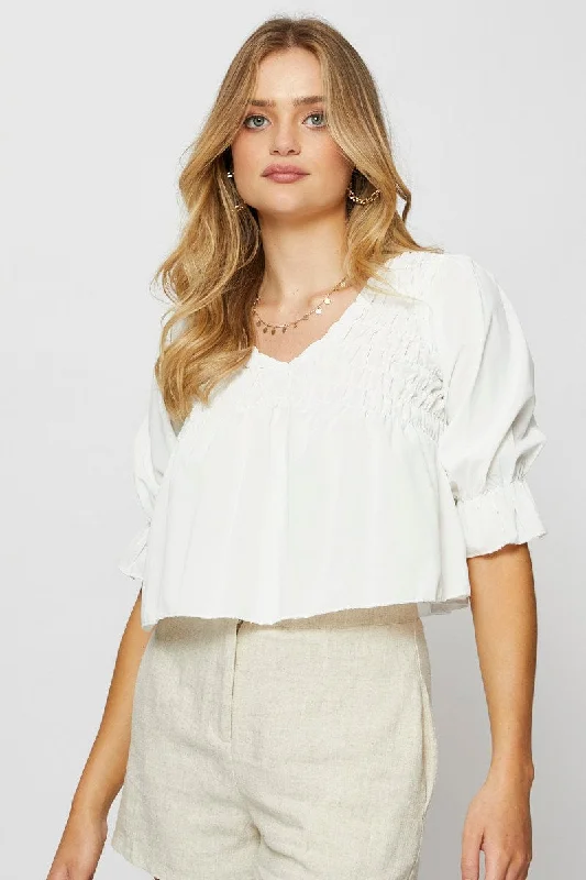 White Crop Blouse Short Sleeve Round Neck