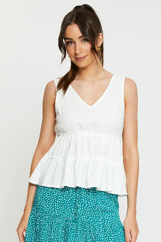 White Peplum Blouse Sleeveless V-Neck