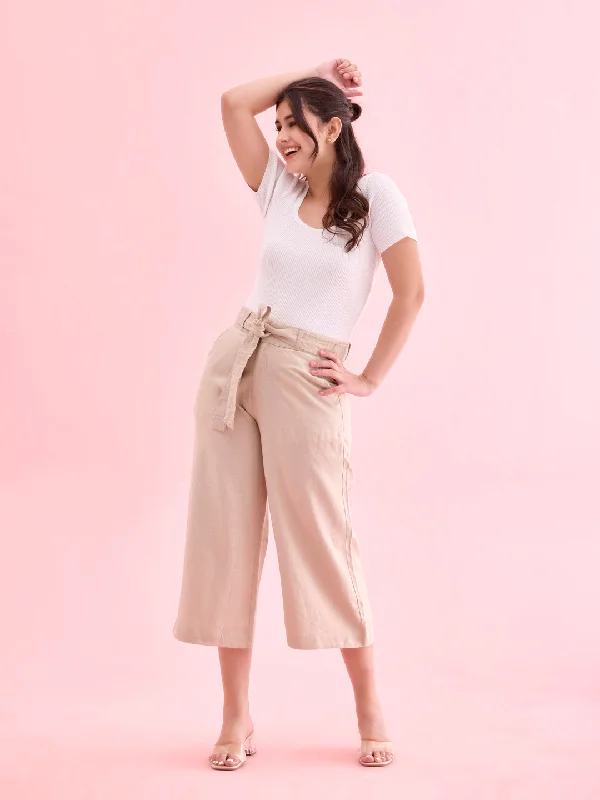 Women Solid Light Beige Linen Mid Rise Culottes