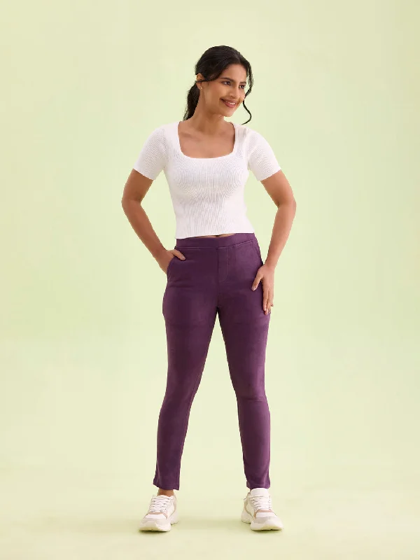 Women Solid Purple Mid Rise Suede Treggings