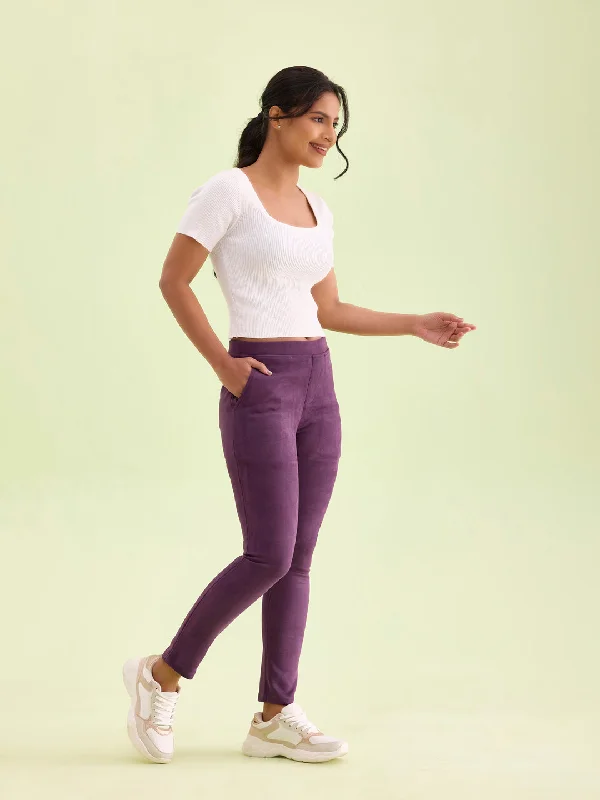 women-solid-purple-mid-rise-suede-treggings