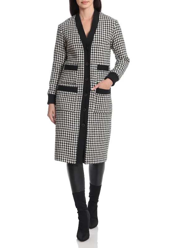 Womens Houndstooth Tweed Long Coat