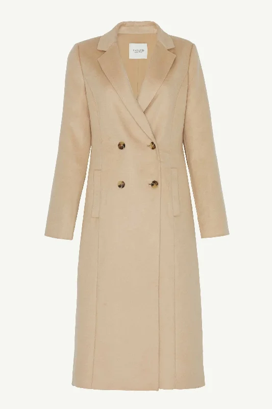 Wool Double Breasted Midi Coat - Camel